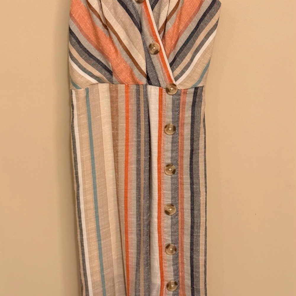 Express XS Linen Blend Striped Midi Dress in Blue, Coral, Cream and Tan - Picture 2 of 10